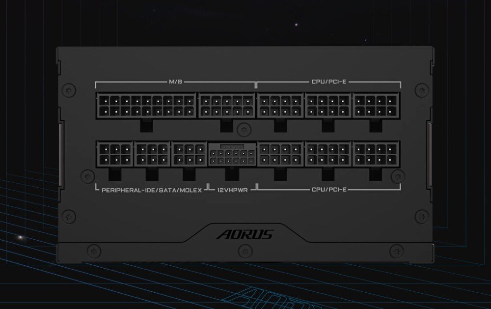 Zasilacz GIGABYTE Aorus Elite P1000W Widok na tylny panel zasilacza z licznymi gniazdami do podłączenia przewodów w układzie modułowym