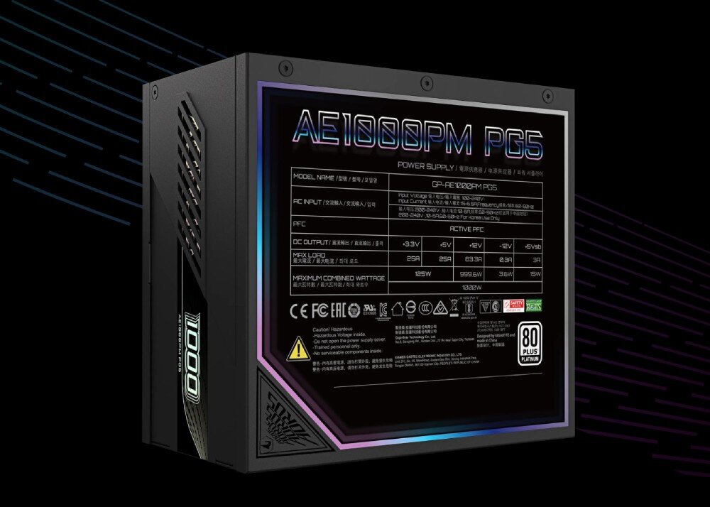 Zasilacz GIGABYTE Aorus Elite P1000W Bok obudowy zasilacza z naklejką techniczną zawierającą tabelę specyfikacji prądowej oraz logo certyfikatu '80 PLUS PLATINUM'