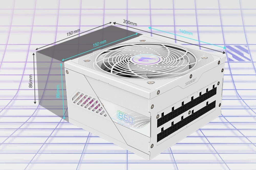 Zasilacz GIGABYTE Aorus Elite P850W Grafika prezentująca wymiary zasilacza wynoszące 150 mm szerokości, 140 mm długości oraz 86 mm wysokości na tle fioletowej siatki