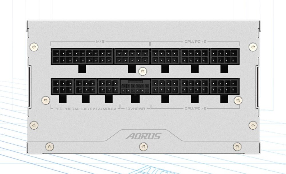 Zasilacz GIGABYTE Aorus Elite P850W Widok na tylny panel zasilacza z licznymi gniazdami do podłączenia przewodów w układzie modułowym