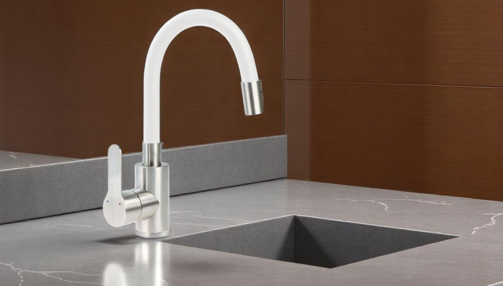 BATERIA KUCHENNA DEANTE Lupo BLU W240 zdjęcie lifestyle kuchnia blat zlewozmywak stal brąz wykończenie trwałość estetyka wygląd dodatek do kuchni funkcjonalność wygląd kolor czarny chrom