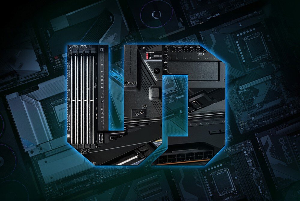 Płyta główna GIGABYTE B650 Eagle Kolaż zdjęć różnych elementów płyty głównej ułożony w kształt litery U z niebieską poświatą