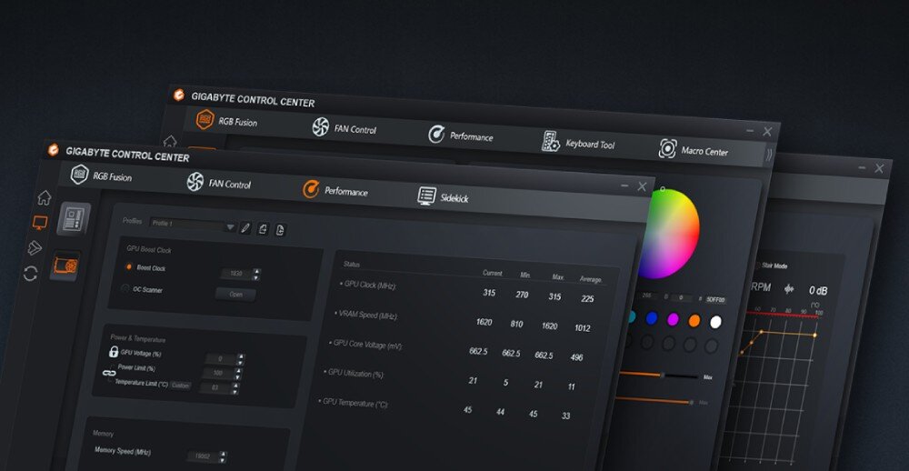 Płyta główna GIGABYTE B650 Eagle Trzy otwarte okna programu 'GIGABYTE Control Center' przedstawiające ustawienia RGB, kontroli wentylatorów i wydajności systemu