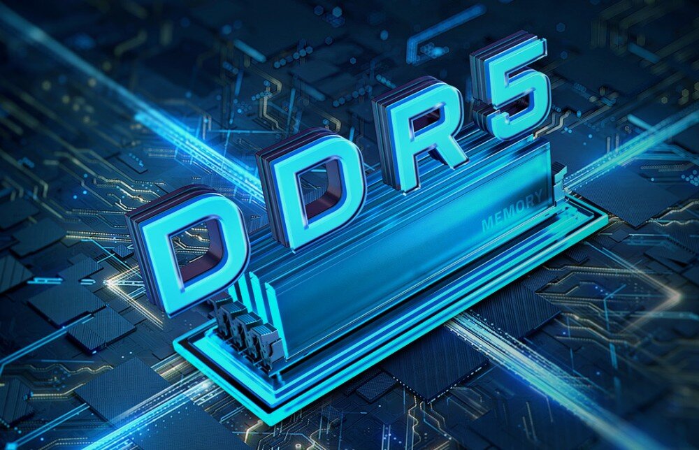 Płyta główna GIGABYTE B650 Eagle Graficzna wizualizacja modułów pamięci RAM z dużym niebieskim napisem 'DDR5' na tle ścieżek elektronicznych