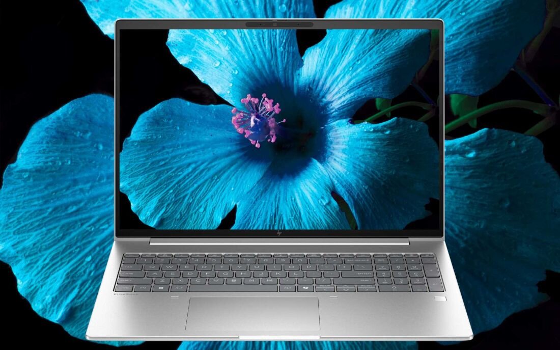 Laptop HP EliteBook 665 G11 w srebrnej obudowie z ekranem prezentującym żywy, niebieski kwiat hibiskusa z różowym pręcikiem na ciemnym tle, podkreślający jakość wyświetlacza WUXGA. - 16-calowy ekran WUXGA