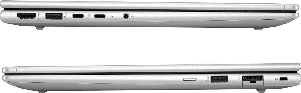 Laptop HP ProBook 440 G11 Widok bocznych krawędzi zamkniętego laptopa. Pokazano dostępne porty, w tym HDMI, USB-C, gniazdo słuchawkowe i port Ethernet, porty złącza podłączenie