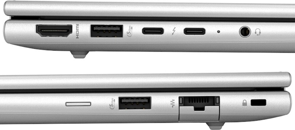 Laptop HP Elitebook 640 G11 Widok na boczne krawędzie laptopa, pokazujący dostępne porty, w tym HDMI, USB, USB-C, gniazdo słuchawkowe, port Ethernet oraz zamek Kensington, gniazda, porty, podłączenie
