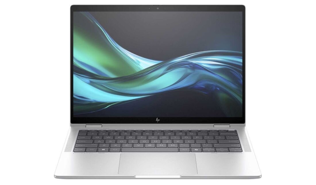 Laptop HP Elite x360 1040 G11 widok od przodu na białym tle, ekran z abstrakcyjną grafiką w odcieniach zieleni i błękitu, smukła srebrna obudowa i cienkie ramki ekranu. - procesor Intel Core Ultra 
