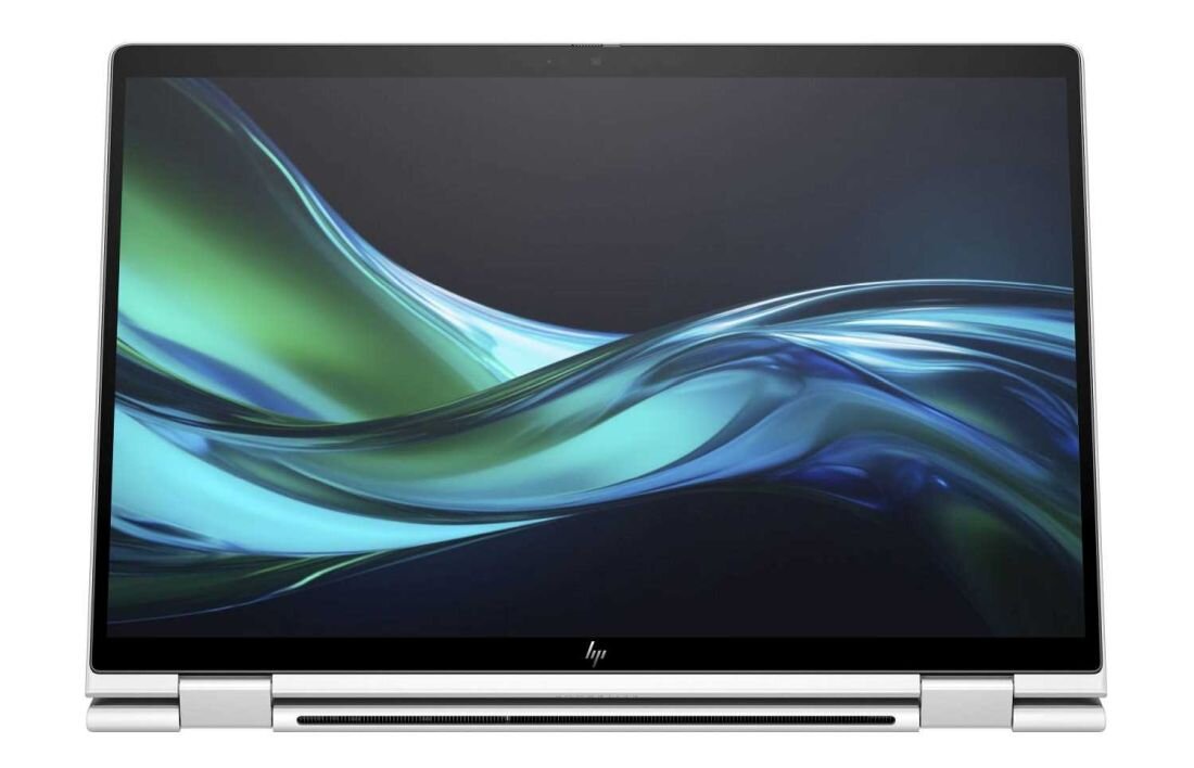 Laptop HP Elite x360 1040 G11 z ekranem IPS, widok od przodu na otwarty komputer w trybie laptopa, wyświetlacz prezentuje abstrakcyjną grafikę w odcieniach zieleni i błękitu, cienkie ramki ekranu, srebrna obudowa. - 14-calowy ekran IPS  