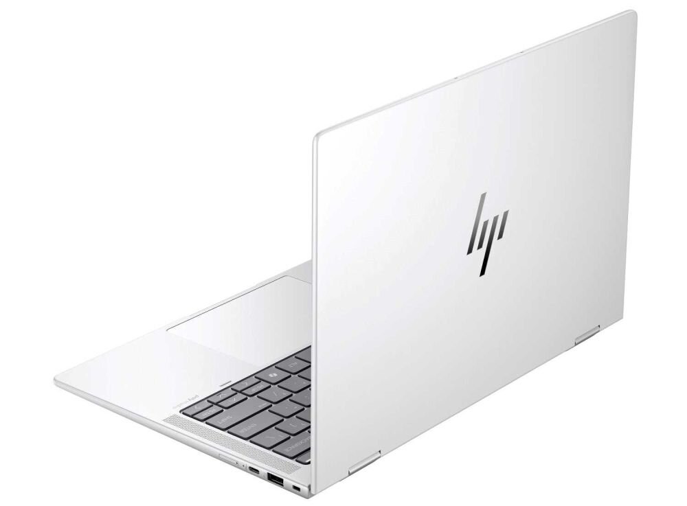 Laptop HP Elite x360 1040 G11 w kolorze srebrnym, widok z tyłu i z boku na otwartą pokrywę, widoczne logo HP na klapie, elegancka i smukła obudowa, klawiatura z czarnymi klawiszami. - 6-komorowa bateria litowo-jonowo-polimerowa o pojemności 68 Wh 