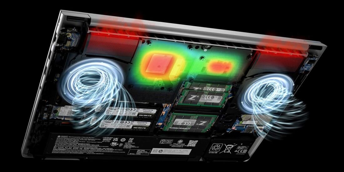 Laptop HP EliteBook 860 - HP EliteBook 860 z czujnikiem ciepła na ekranie, ilustrujący innowacyjne podejście do zarządzania temperaturą urządzenia.