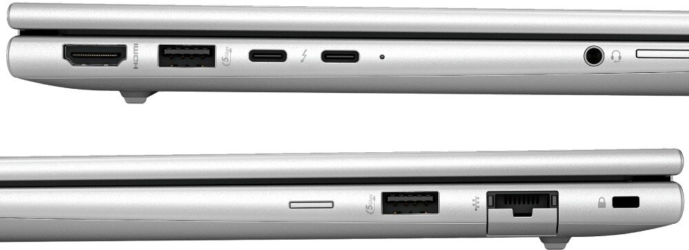 Laptop HP EliteBook 630 G11 Zbliżenie na boczne krawędzie laptopa z widocznymi portami HDMI, USB, USB-C, LAN i gniazdem słuchawkowym, porty, gniazda, podłączenie