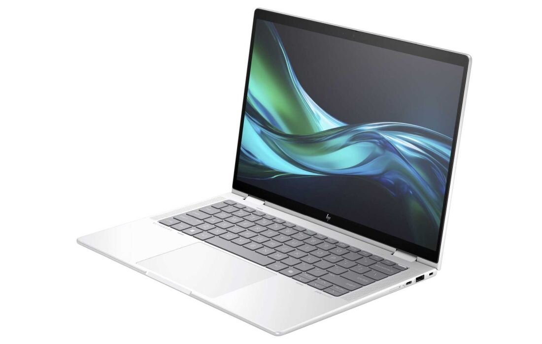 Laptop HP Elite x360 1040 G11 w kolorze srebrnym, widok z prawej strony pod kątem, ekran prezentuje abstrakcyjną grafikę w odcieniach zieleni i błękitu, widoczne porty boczne i klawiatura, tło białe. - Pamięć RAM LPDDR5X, dysk SSD PCIe NVMe