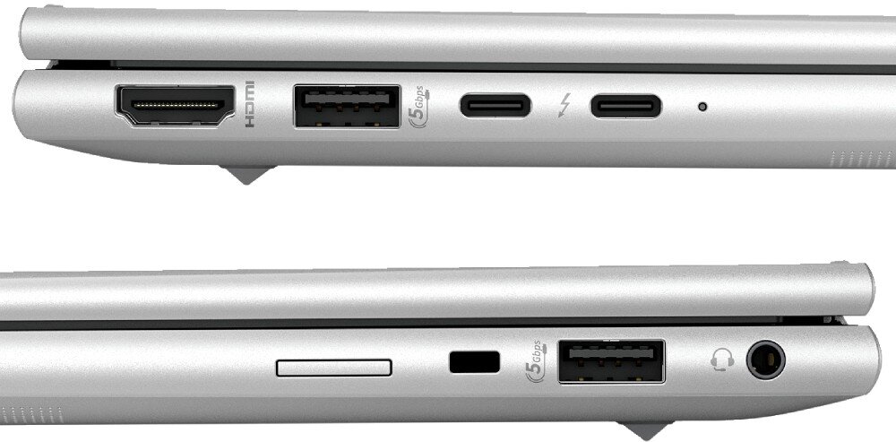 Laptop HP EliteBook 865 G11 Zbliżenie na krawędzie laptopa, ukazujące różne porty i złącza, w tym HDMI, USB i gniazdo słuchawkowe, łączność, Wi-Fi, Bluetooth, porty, gniazda