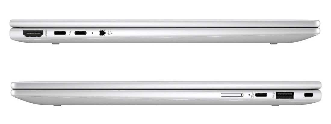 Dwa boczne widoki zamkniętego laptopa HP Elite x360 1040 G11 w kolorze srebrnym – górny widok prezentuje porty: HDMI, dwa Thunderbolt 4/USB-C, gniazdo audio; dolny widok pokazuje: gniazdo na kartę SIM, USB-A, port zasilania i gniazdo blokady Kensington.  - Thunderbolt 4 USB Type-C USB-A 3.2 Gen 