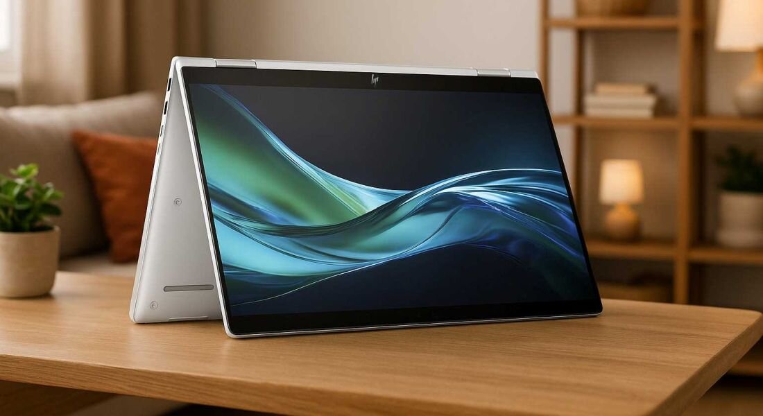 Laptop HP Elite x360 1040 G11 w trybie namiotowym na drewnianym biurku w jasnym pomieszczeniu biurowym, ekran z kolorowymi falami w odcieniach zieleni i błękitu, w tle regał z książkami i roślina doniczkowa, logo HP Technologies w lewym górnym rogu.  