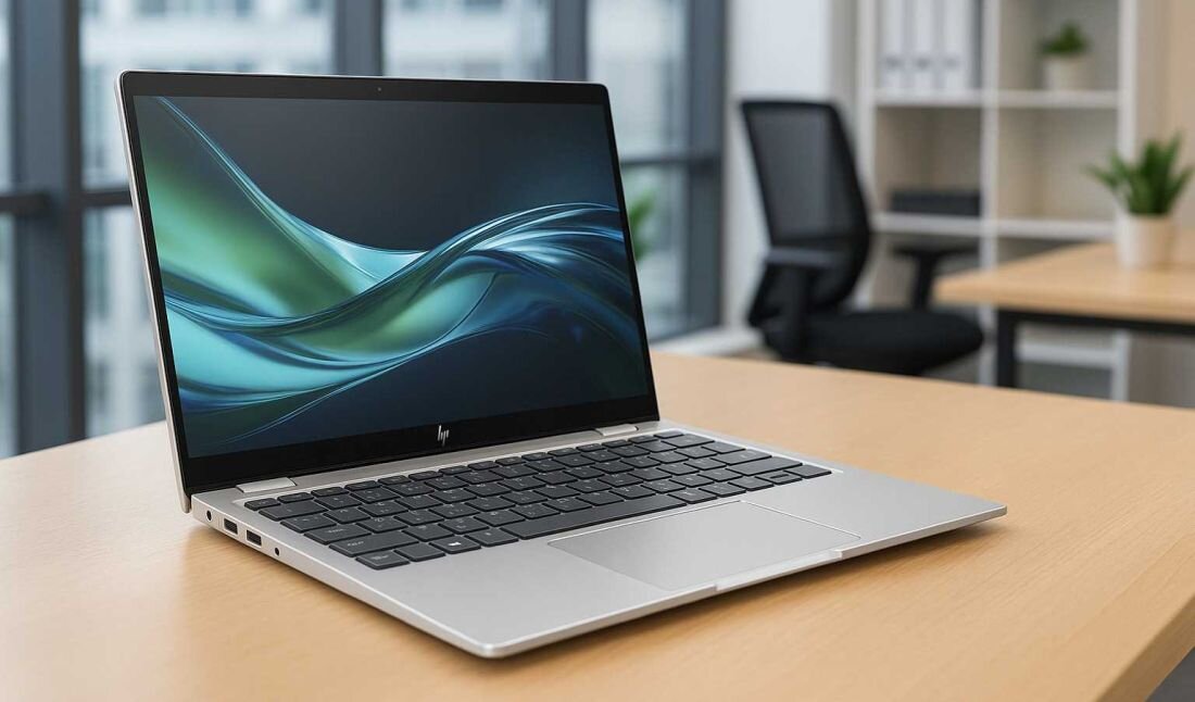 Laptop HP Elite x360 1040 G11 w kolorze srebrnym na biurku w biurze, ekran prezentuje abstrakcyjną grafikę w odcieniach zieleni i błękitu, w tle krzesło biurowe i regał z dokumentami. - Opis serii HP Elite x360 1040 G11  