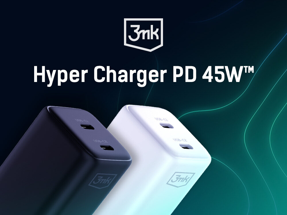 Ładowarka sieciowa 3MK Hyper Charger PD 45W biała i czarna na czarno-zielonym tle