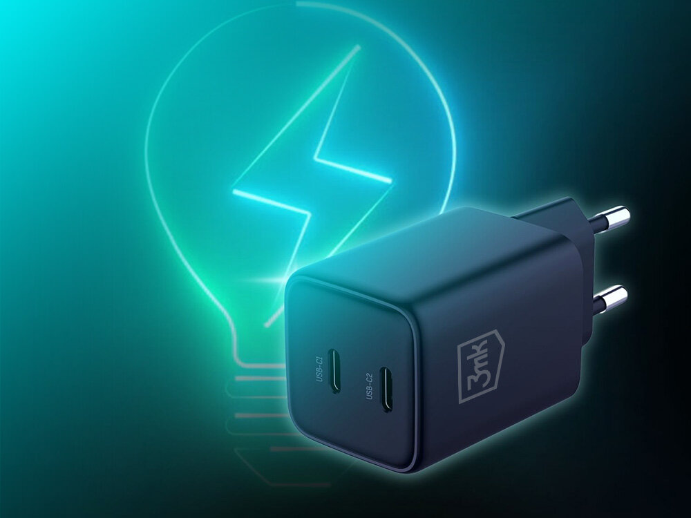 Ładowarka sieciowa 3MK Hyper Charger PD 45W na tle ikony z żarówką technologia gan półprzewodnik