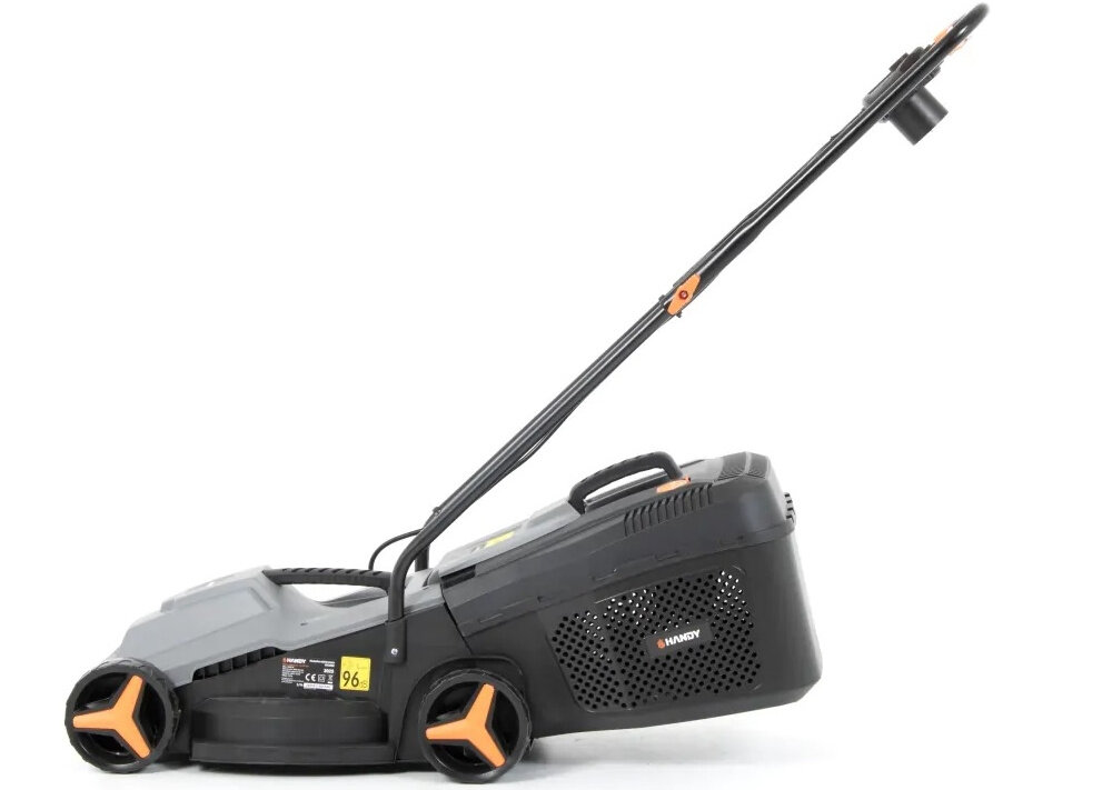 Kosiarka elektryczna HANDY YK1002 kosiarka na białym tle widoczna z boku szczotkowy silnik o mocy 1000 W stała wydajność wbudowane zabezpieczenie termiczne ochrona przed przegrzaniem szerokość robocza 31 cm