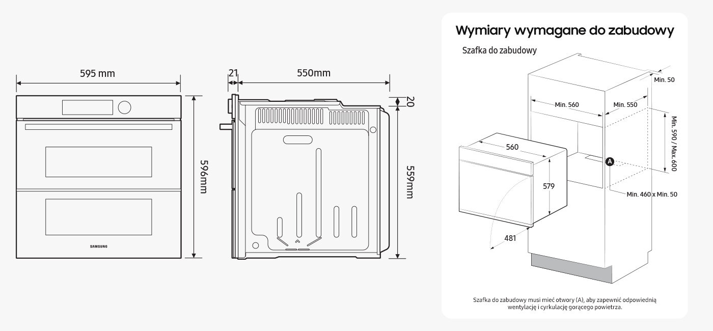 nv7b6799jak Rysunek techniczny przedstawia wymiary piekarnika: szerokość 595 mm, wysokość 596 mm, głębokość 550 mm. Obok znajduje się schemat zabudowy z wymaganymi wymiarami szafki, w tym minimalne odległości dla wentylacji.