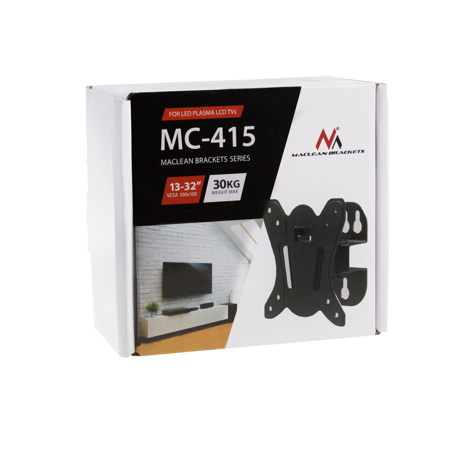 Opakowanie uchwytu do telewizora lub monitora Maclean MC-415 z logo Maclean Brackets. Na opakowaniu widnieje napis: \'FOR LED PLASMA LCD TVs MC-415 MACLEAN BRACKETS SERIES 13-32\