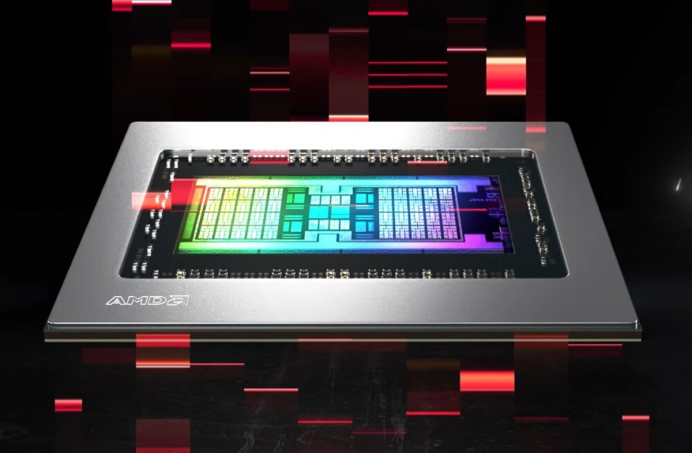 Karta graficzna ASUS Dual Radeon RX 6700 XT OC 12GB Zbliżenie na chip graficzny AMD z kolorowym rdzeniem na czarnym tle i efektami świetlnymi, przeznaczenie, procesory strumieniowe, pamięć, wydajność