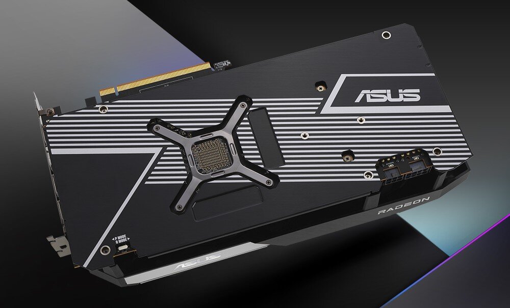 Karta graficzna ASUS Dual Radeon RX 6700 XT OC 12GB Tył karty graficznej z aluminiowym backplate'em, logo 'ASUS' i oznaczeniem trybu BIOS 'P Mode' oraz 'Q Mode', metalowy backplate, wspornik GPU