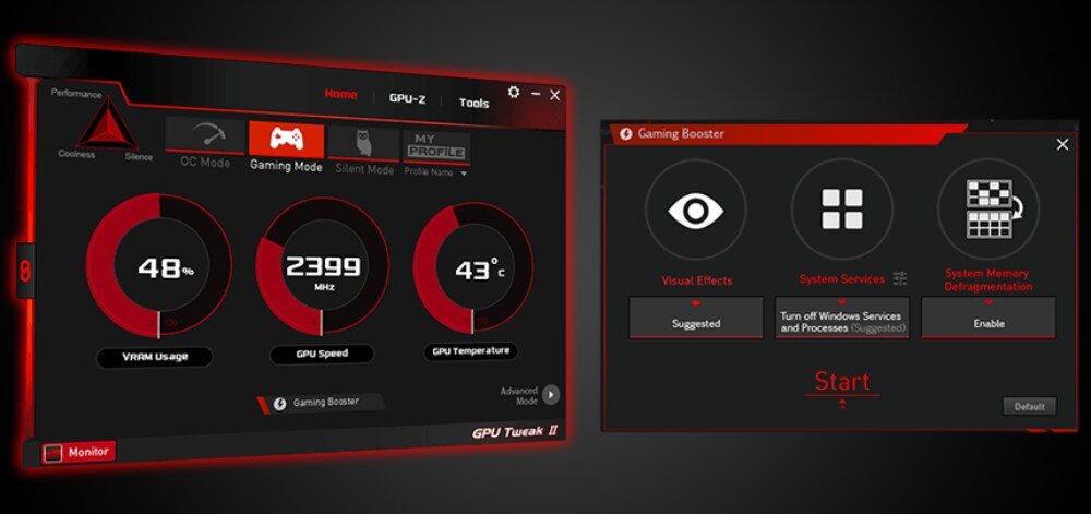 Karta graficzna ASUS Dual Radeon RX 6700 XT OC 12GB Interfejs programu GPU Tweak II z wykresami pracy karty graficznej oraz opcjami optymalizacji systemu, oprogramowanie, narzędzia, funkcje
