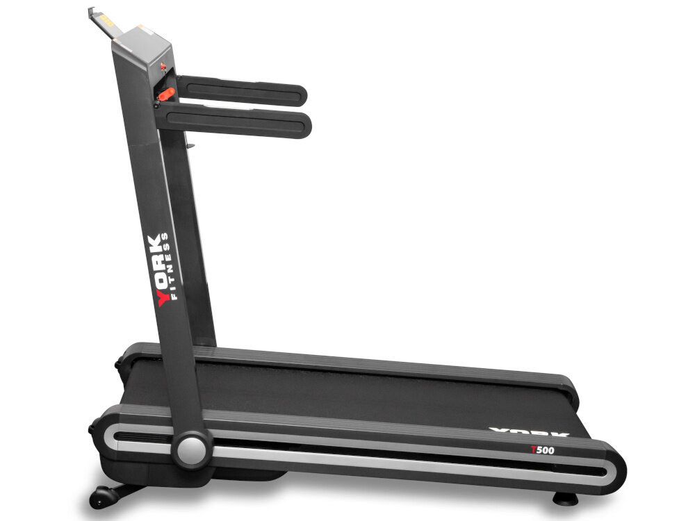 Bieżnia elektryczna YORK FITNESS T500 1470W 16 km-h bieżnia na białym tle widoczna z boku wejście USB-A ładowanie urządzeń mobilnych kompatybilność z aplikacją FitShow ułatwia kontrolę aktywności aplikacja na systemy Android i iOS