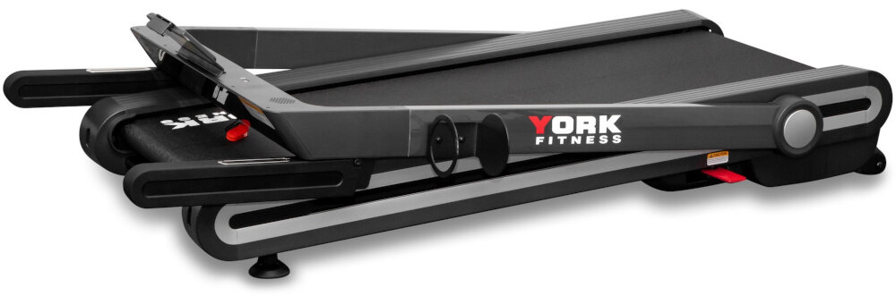 Bieżnia elektryczna YORK FITNESS T500 1470W 16 km-h złożona na płasko bieżnia na białym tle prosty mechanizm można złożyć bieżnię po treningu przenoszenie jest łatwe i wygodne wymiary po złożeniu 84 x 40 x 159 cm