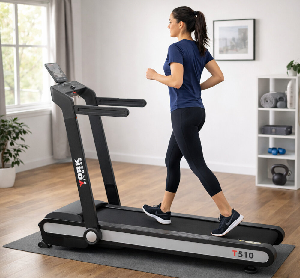 Osoba ćwiczy na bieżni elektrycznej w jasnym pokoju z drewnianą podłogą. Na bieżni widoczne jest logo \'YORK FITNESS\' oraz oznaczenie modelu \'T510\'.