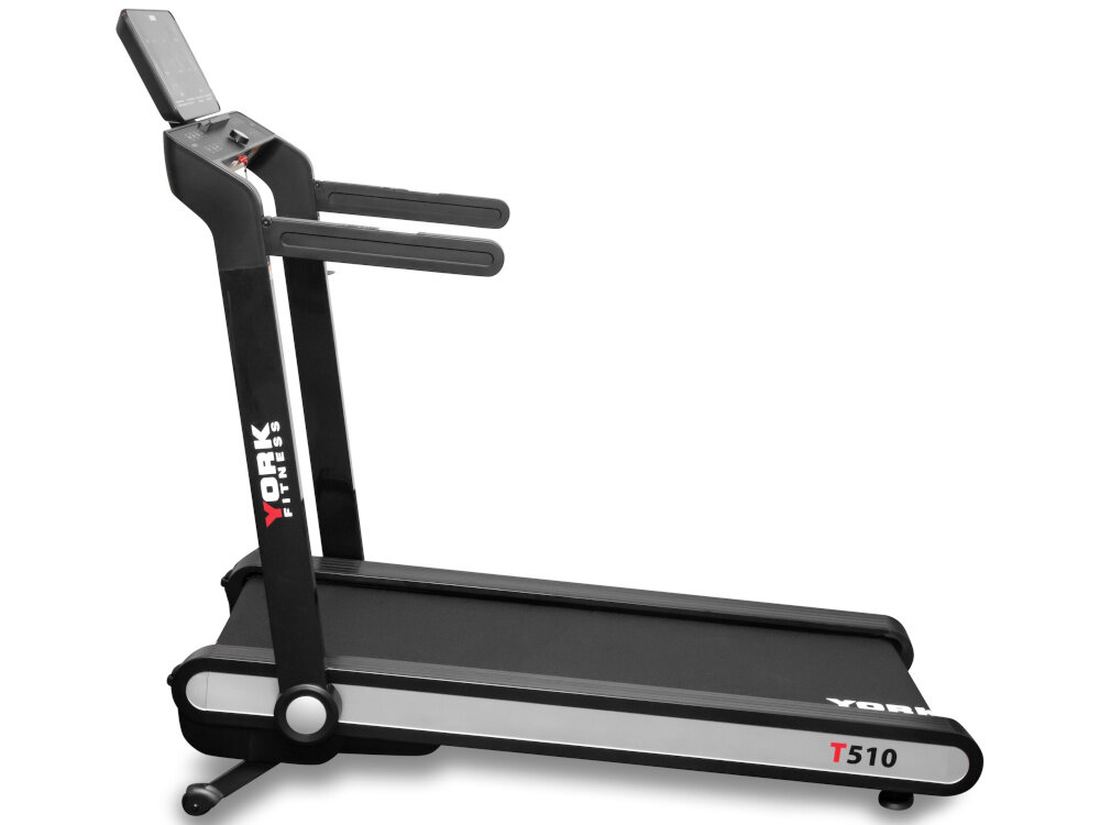 Na obrazie widoczna jest bieżnia elektryczna z czarną ramą i bieżnią. Na ramie znajduje się logo \'YORK FITNESS\' oraz oznaczenie modelu \'T510\'.
