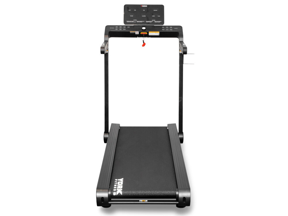 Bieżnia elektryczna z czarną powierzchnią do biegania i panelem sterującym z wyświetlaczem. Na bieżni widoczne jest logo \'YORK FITNESS\'.