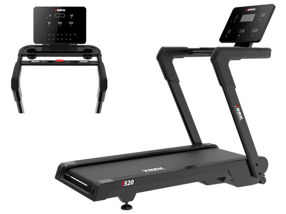 Bieżnia elektryczna YORK FITNESS T520 1839W 20 km-h bieżnia na białym tle widoczna od tyłu pod skosem obok zbliżenie na wyświetlacz od spaceru po dynamiczny bieg regulacja prędkości w zakresie 1,0–20 km/h regulacja nachylenia w zakresie 0–15% wspiera utrzymanie kondycji poprawia wydolność ułatwia regularne ćwiczenia bez wychodzenia z domu