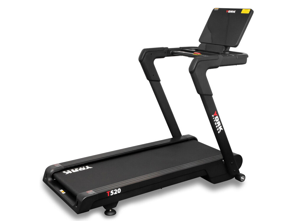 Bieżnia elektryczna YORK FITNESS T520 1839W 20 km-h bieżnia na białym tle widoczna od tyłu lekko pod skosem silnik o mocy 1839 W (2,5 KM DC) stabilna praca przy dużym obciążeniu mocny napęd wspiera płynne przyspieszanie i precyzyjną regulację prędkości