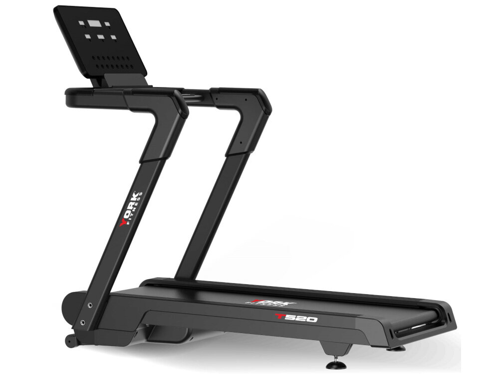 Bieżnia elektryczna YORK FITNESS T520 1839W 20 km-h bieżnia na białym tle widoczna od tyłu pod skosem 24 zróżnicowanych programów treningowych dopasowanie ćwiczeń do indywidualnych celów i poziomu zaawansowania użytkownika gotowe scenariusze bieżnia pozwala trenować efektywnie i bez monotonii