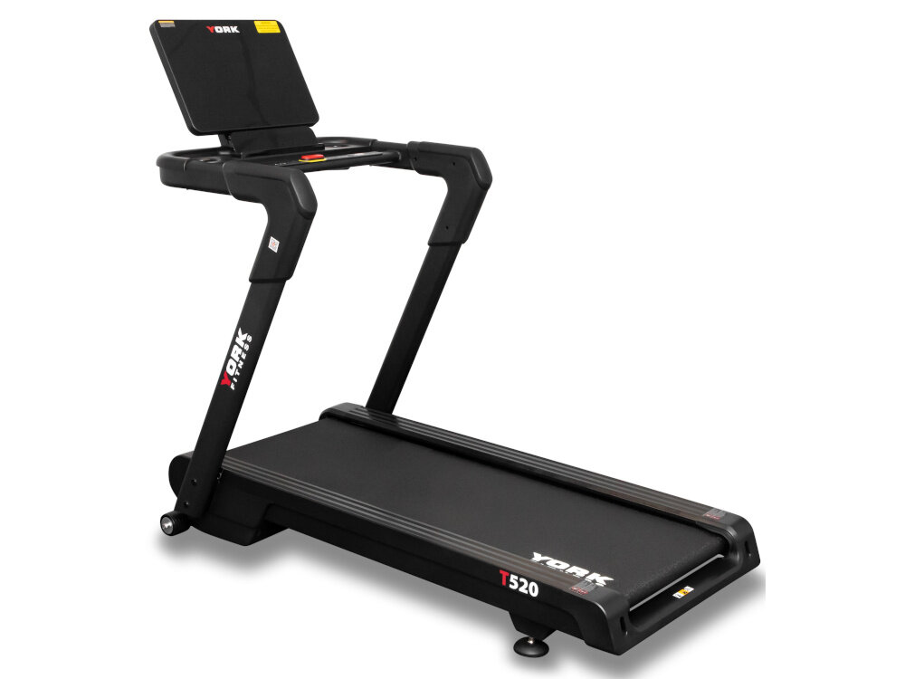 Bieżnia elektryczna YORK FITNESS T520 1839W 20 km-h bieżnia na białym tle widoczna od tyłu pod skosem wejście USB-A ładowanie urządzeń mobilnych wbudowany moduł Bluetooth aplikacja FitShow ułatwia kontrolę aktywności aplikacja na systemy Android i iOS