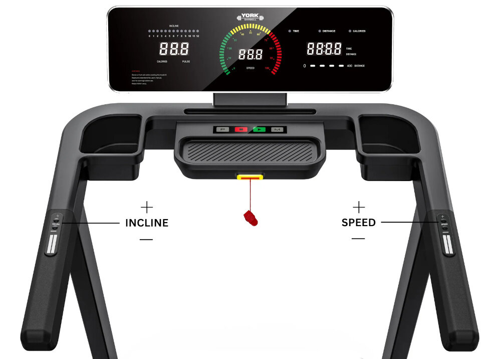 Bieżnia elektryczna YORK FITNESS HT5 1470W 18km-h białe tło zbliżenie na konsolę i uchwyty napis Speed i Incline przyciski Speed i Incline umieszczone na uchwytach szybkie ustawienie pożądanych parametrów zwiększa kontrolę nad treningiem pozwalając dopasować ćwiczenia do własnego poziomu zaawansowania bezpieczeństwo i efektywność sesji
