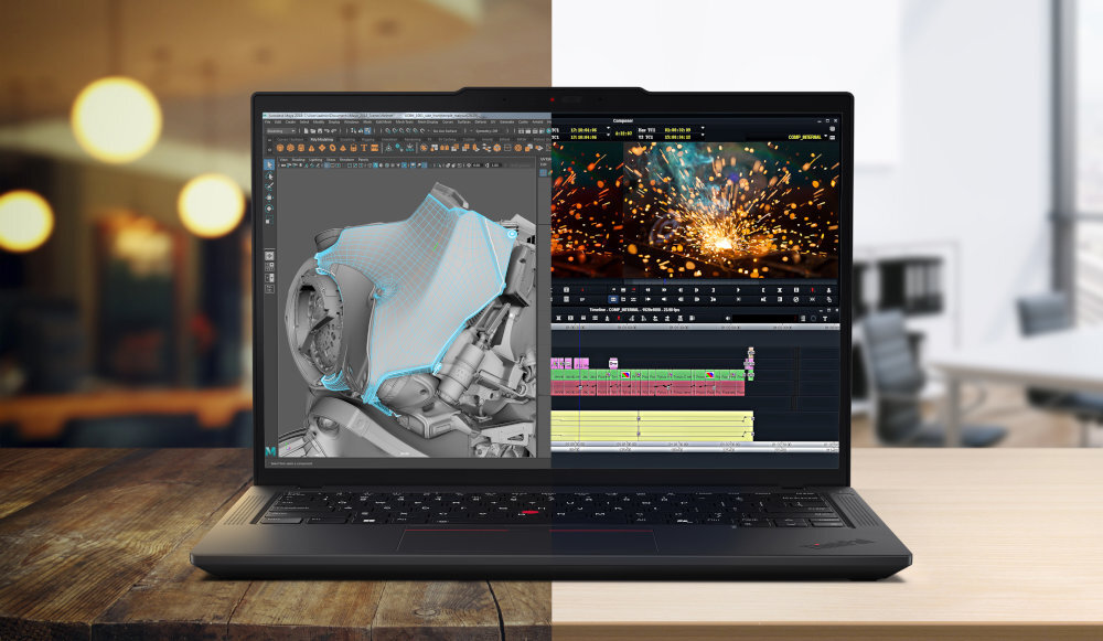 Laptop LENOVO ThinkPad P14s Gen 5 laptop z odpalonym programem do grafiki 3d oraz na drugiej połowie do obrabiania filmów
