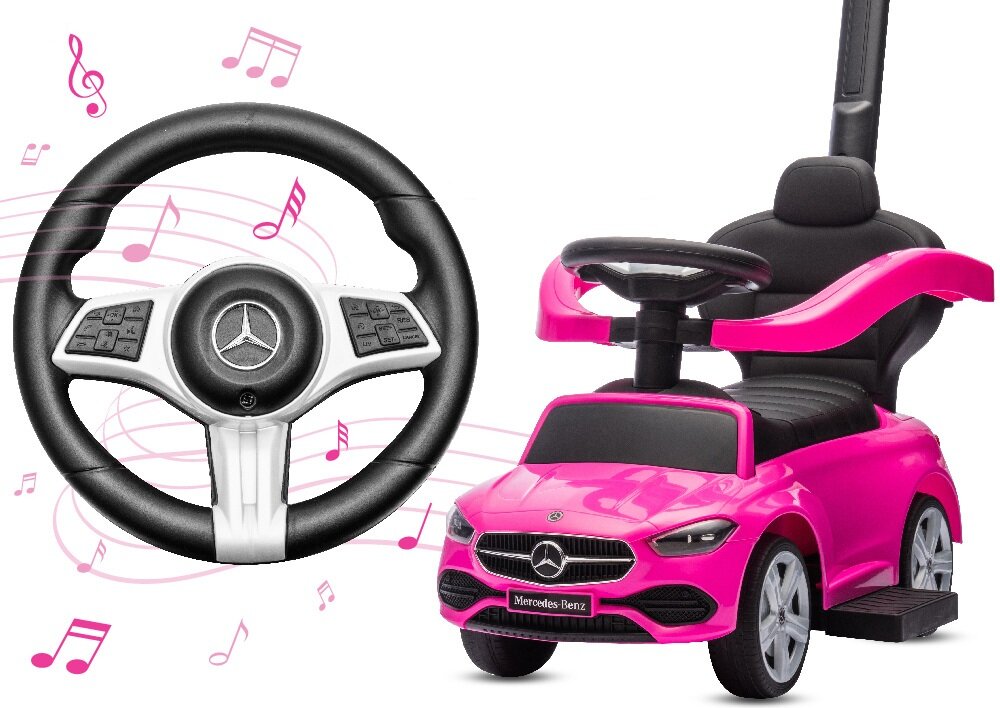 Jeździk SUN BABY Mercedes C-Class J05.040.0.5 Różowy kierownica przyciski dzwiekowe wspiera rozwoj sensoryczny ciekawosc pozawcza zasilanie 2 baterie AA