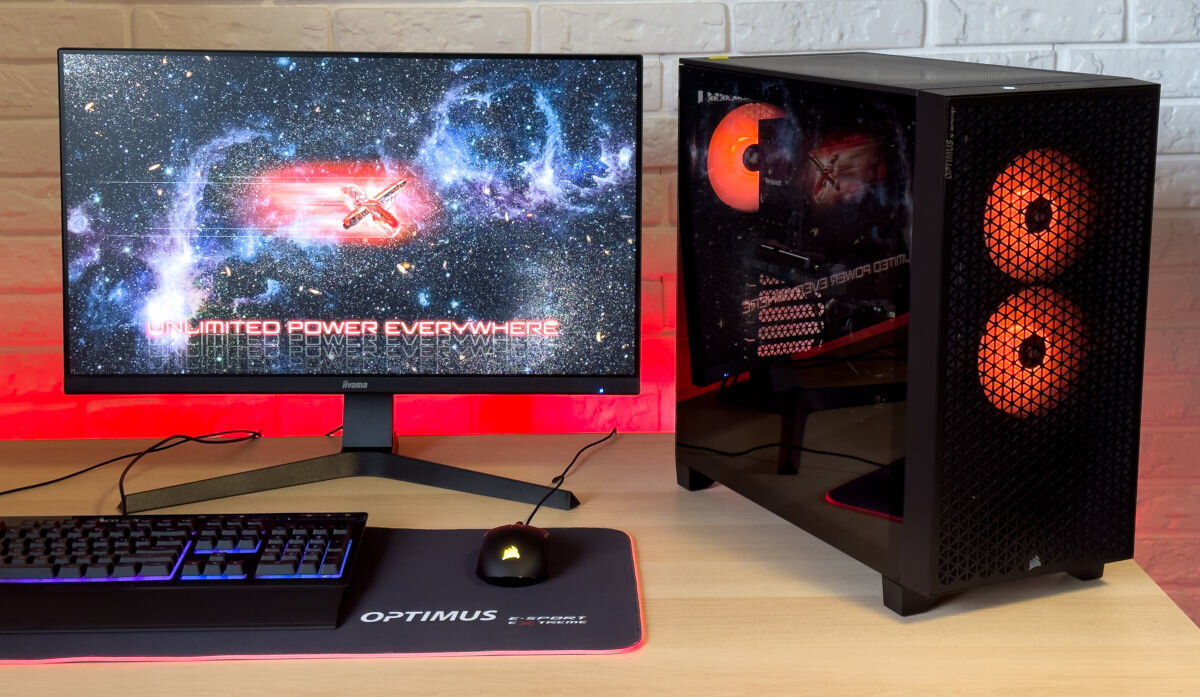 Komputer OPTIMUS E-Sport GB760T-CR13 i5-14400F 16GB RAM 1TB SSD GeForce RTX4060 Windows 11 Home elegancka czarna konstrukcja podświetlenie RGB przezroczysty panel boczny efektywny system chłodzenia