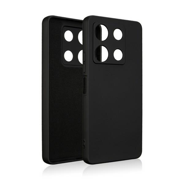 Czarne silikonowe etui z czterema okrągłymi otworami na aparat, przeznaczone dla telefonu Infinix Smart 7. Etui ma gładką powierzchnię i jest pokazane z przodu oraz z tyłu.