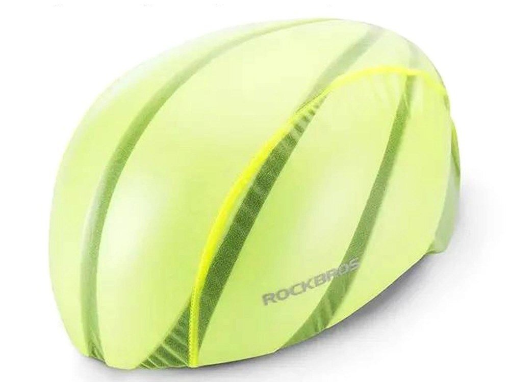 Pokrowiec przeciwdeszczowy ROCKBROS 20001GN, Wodoodporność, ochrona, komfort, jazda, Jaskrawozielony pokrowiec na kask na białym tle.