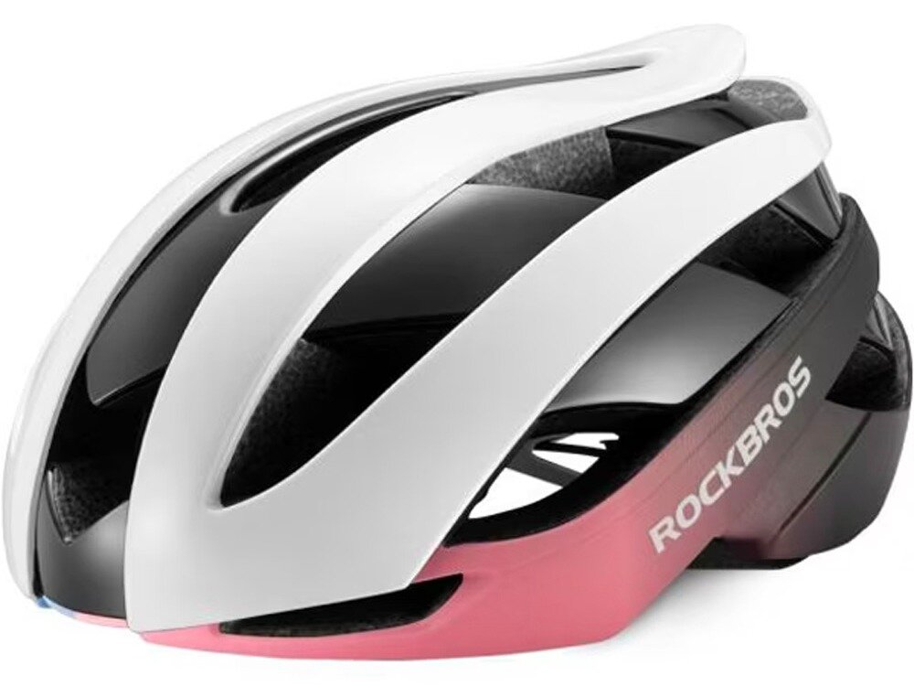 Kask rowerowy ROCKBROS 10110004008 Niebiesko-różowy Szosowy (rozmiar M), skorupa, trwałość, absorpcja, bezpieczeństwo, Widok z boku na kask rowerowy Rockbros w kolorze niebiesko-różowym z białymi elementami.