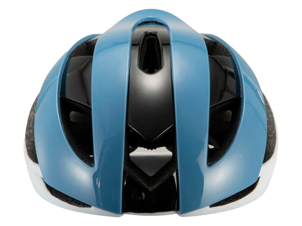 Kask rowerowy w kolorze biało-niebieskim z czarnymi elementami, widoczny z przodu. Posiada otwory wentylacyjne i aerodynamiczny kształt.