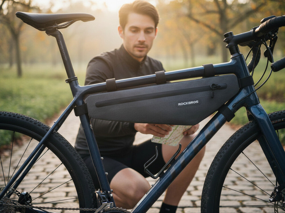 Torba rowerowa na ramę ROCKBROS AS-052 Szary, Torba, rower, rama, przechowywanie, Rowerzysta sprawdzający trasę na papierowej mapie.