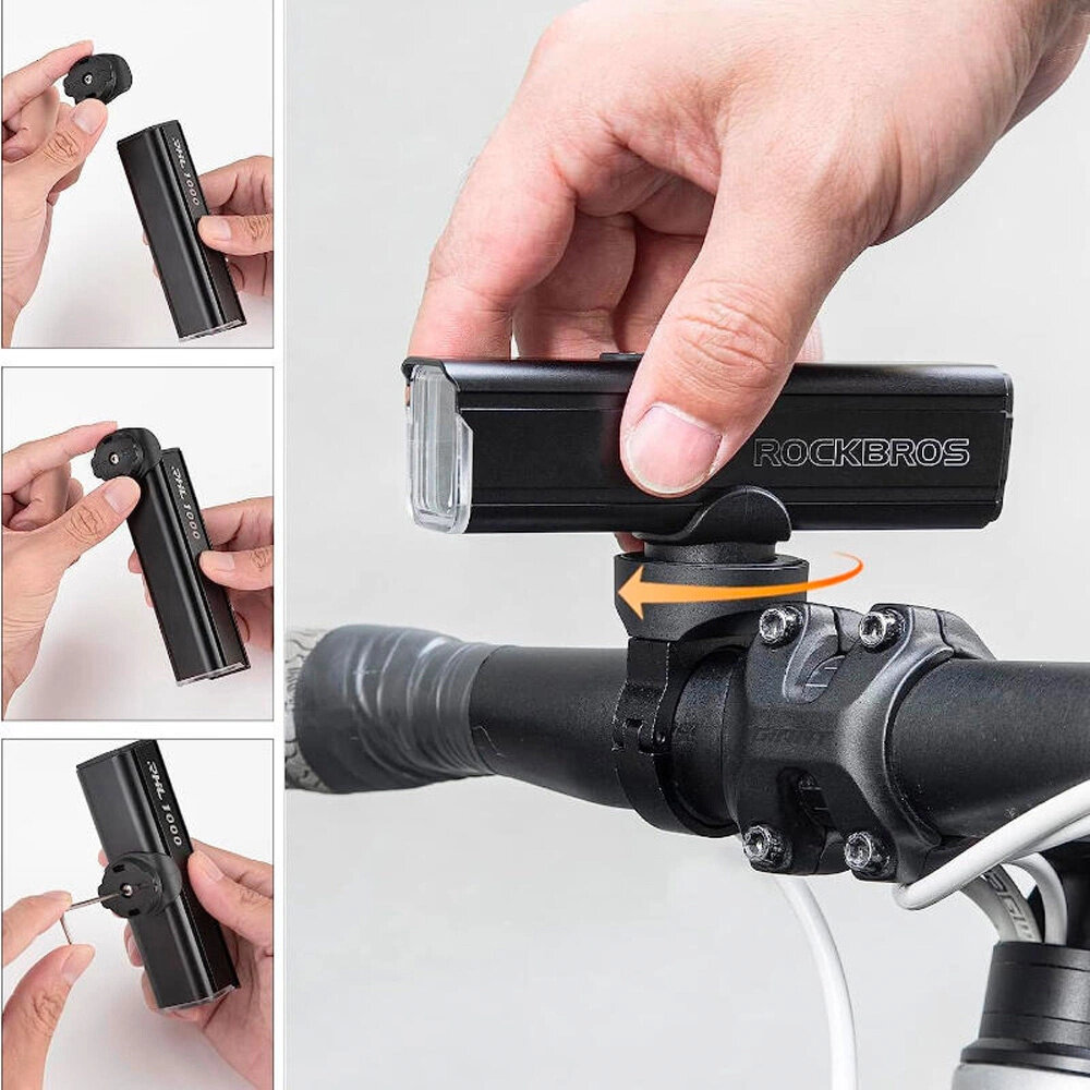Lampka rowerowa ROCKBROS 24610002001 1000 LM kolaż zdjęć pokazujący system montażu cztery tryby świecenia high (1000 lm), medium (600 lm), low (400 lm), endurance (200 lm) jednostajne światło wydajna bateria 4500 mAh uchwyt