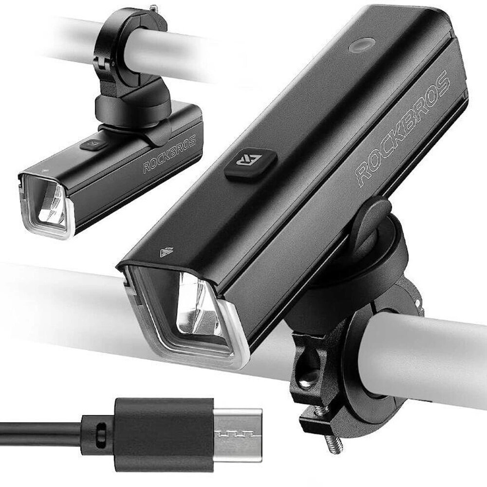 Lampka rowerowa ROCKBROS 24610002001 1000 LM lampka na białym tle widoczna od przodu pod skosem obok kable obta uchwyt lampka rowerowa, lampka przednia, lampka do roweru, lampka na kierownicę, mocna lampka przednia