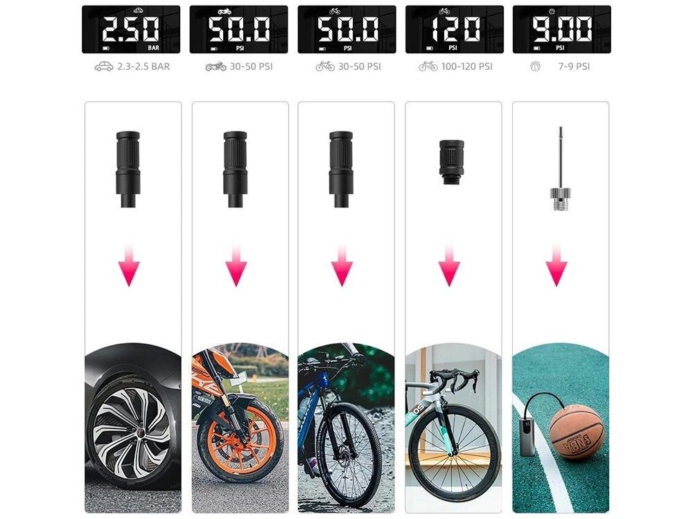 Pompka rowerowa ROCKBROS 42720001001, Tryby, rower, auto, piłki, uniwersalność, Infografika z trybami pracy i końcówkami.